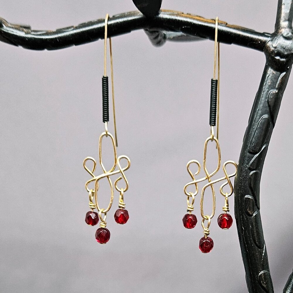 Red Glass Beaded Earrings, 14k Gold Filled Wire Wrap links, Handmade 2.5"